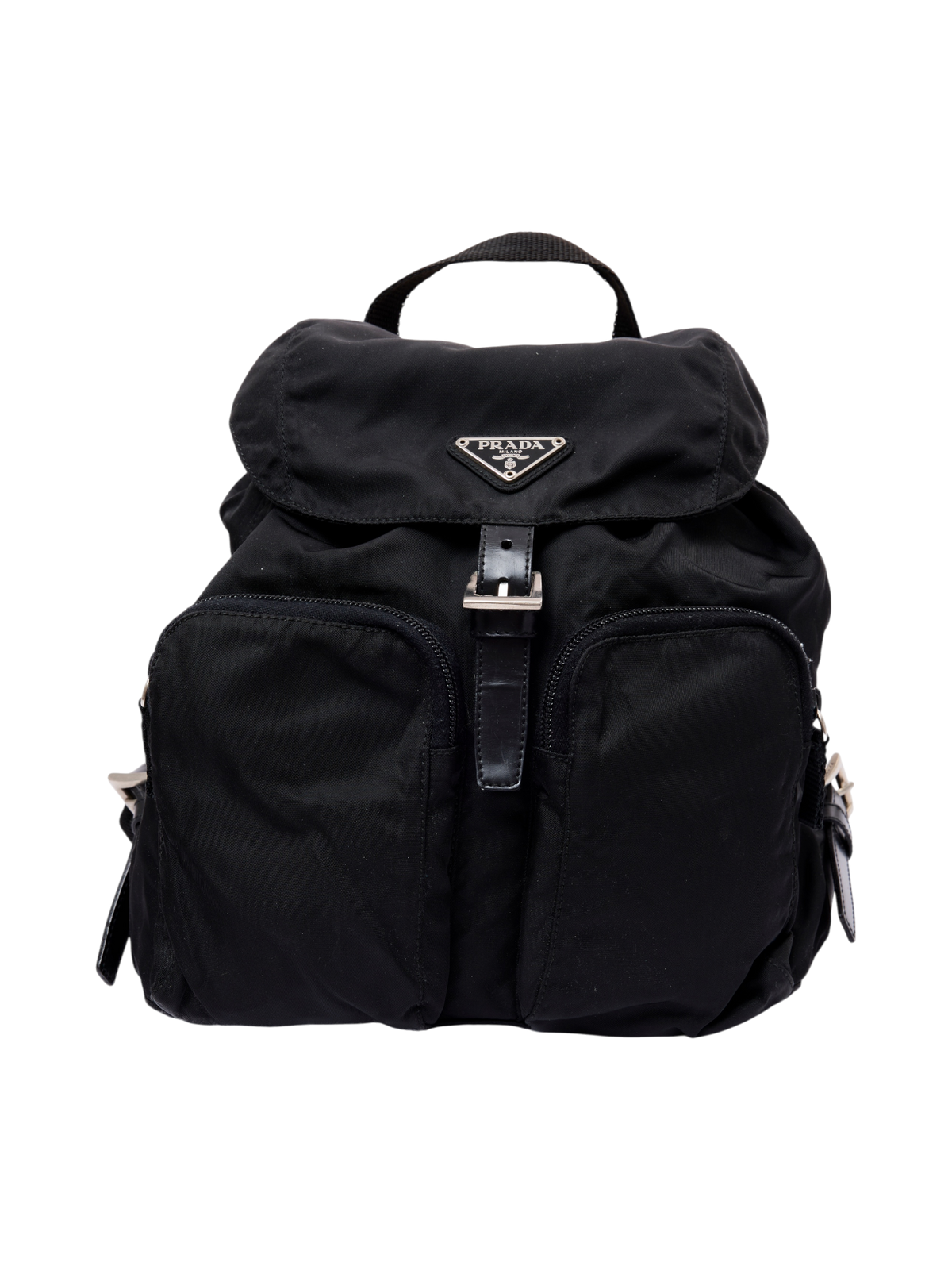 Hera Collective Prada black nylon mini backpack featuring a flap top, silver hardware, and two front pockets.