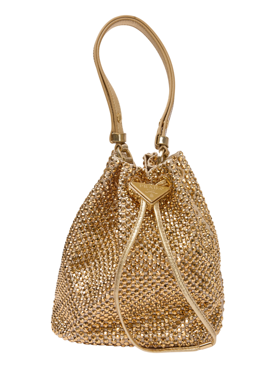 Hera Collective gold satin Prada Re-Edition 1978 bucket bag covered in sparkling crystals with metal triangle logo