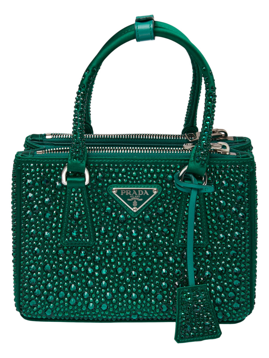 Hera Collective Prada Galleria mini handbag in green satin fully embellished with matching crystals and silver hardware