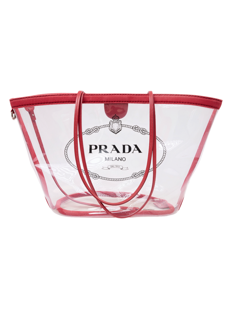 Hera Collective Prada red PVC and Canapa trimmed Plexi tote bag from the St Barths edition with logo print